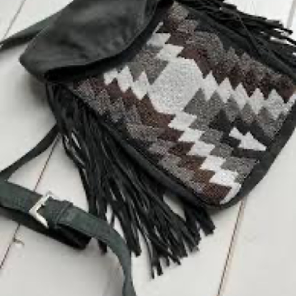 APHORISM BEADED Fringe SUEDE Crossbody Bag with Geometric Pattern